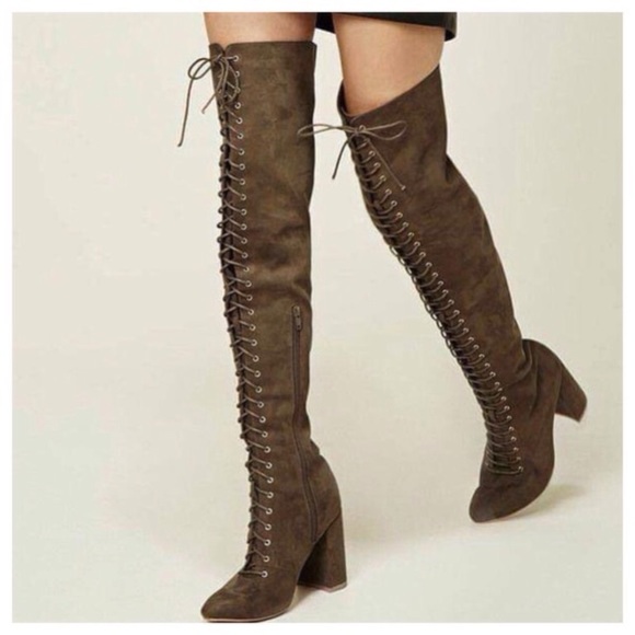 Forever 21 Shoes - Forever21 Thigh High Lace-Up Suedette Heeled Boots